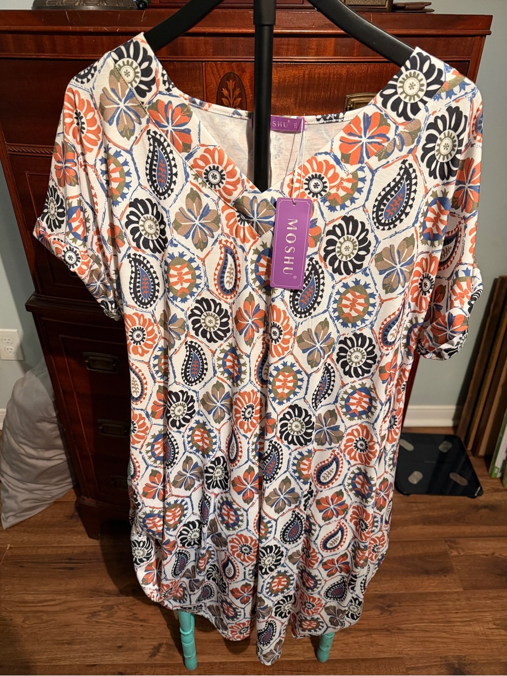 Floral Paisley V-Neck Womenโs dress in Orange & Navy. Fall Dress. 2XL Cotton